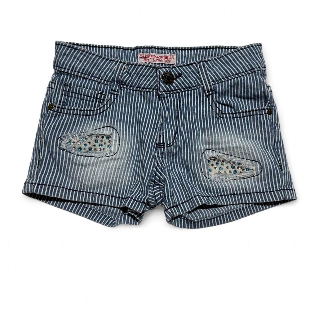 Crystal Vogue Girls  Pinstriped Rhinestone Distressed Denim Shorts Size 7‎